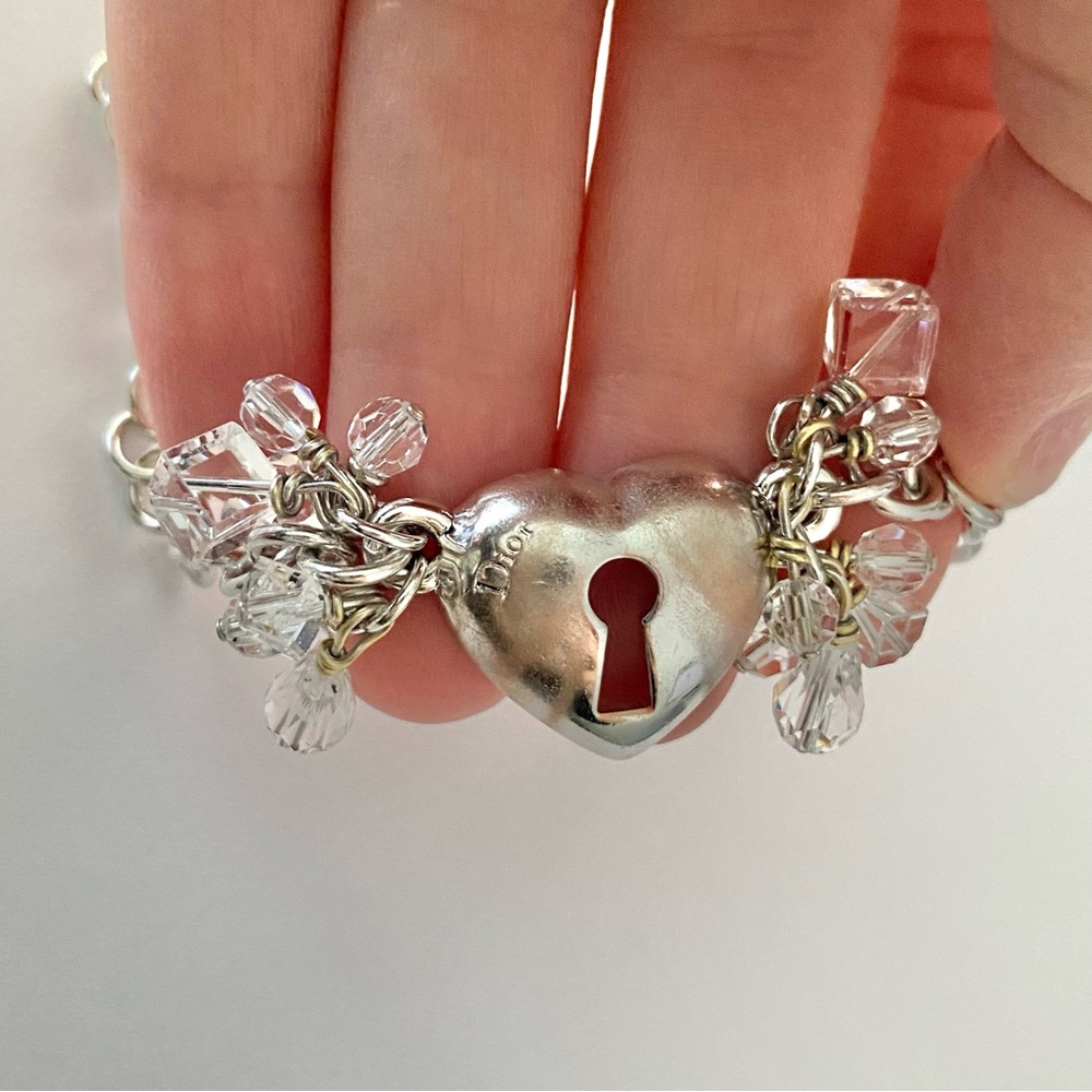 AUTH VTG Christian Dior Silver Chain Link Crystal Bead Heart Lock Charm Bracelet - Picture 12 of 13